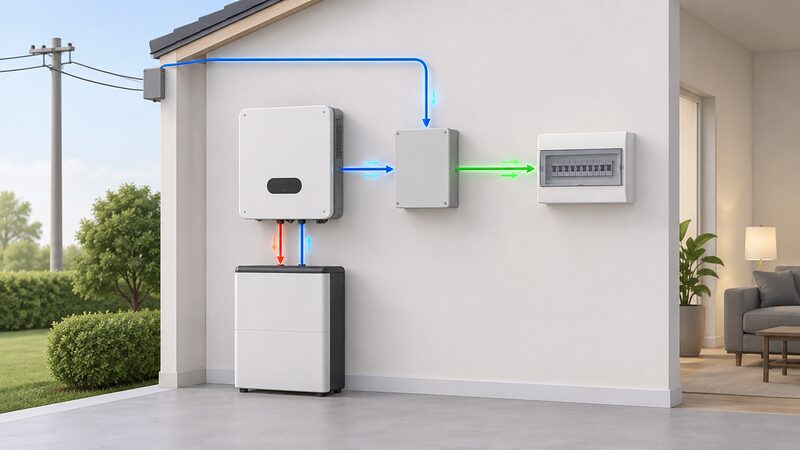 A wall-mounted hybrid inverter beside a battery, with a backup gateway box on the wall between the inverter and the consumer unit, showing the grid supply line entering the home and the isolated backup circuit feeding the consumer unit.