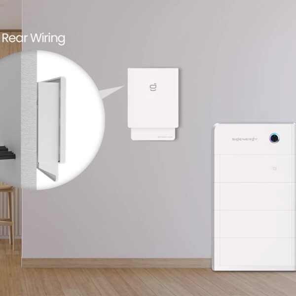 A white Sigenergy SigenStor battery unit and gateway mounted on a wall in a home, with an inset showing rear wiring