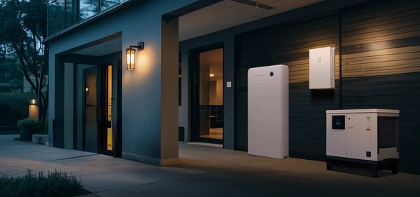 A Sigenergy home battery unit and gateway box mounted on the exterior wall of a modern house at dusk, with a backup power unit beside them