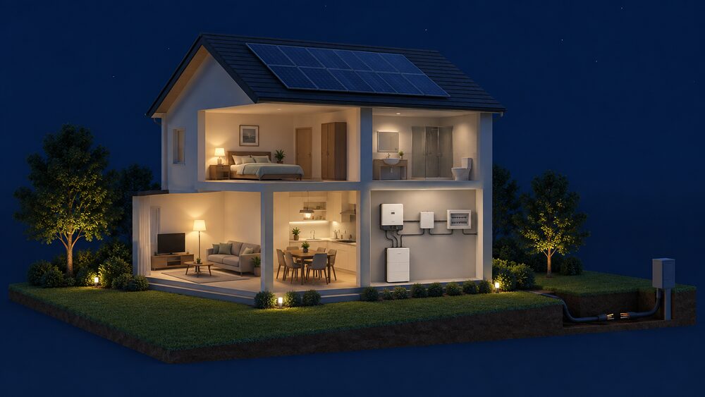 A cutaway house at night during a power cut: solar panels on the dark roof, an inverter on an indoor wall, a battery with a backup gateway beside the consumer unit, and the grid connection cable to the street shown disconnected.