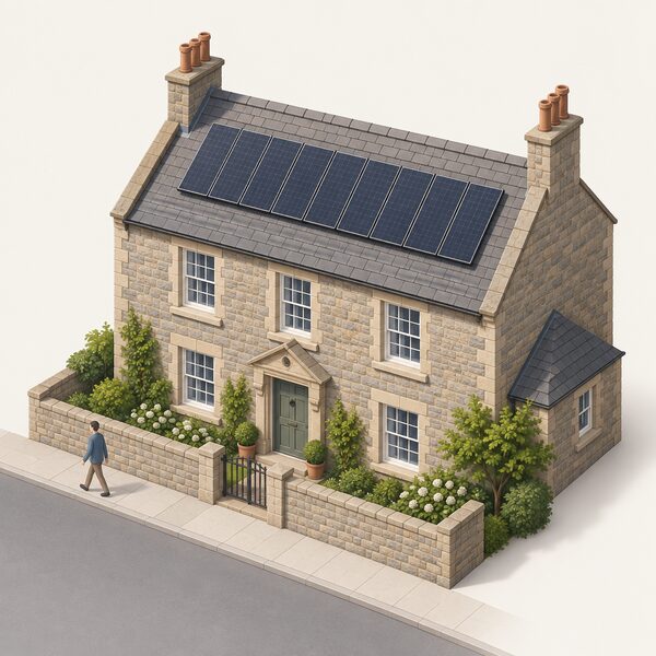 An old stone listed house with a pitched roof carrying a row of solar panels, drawn as a simple street scene showing the completed installation that would require listed building consent before work starts.
