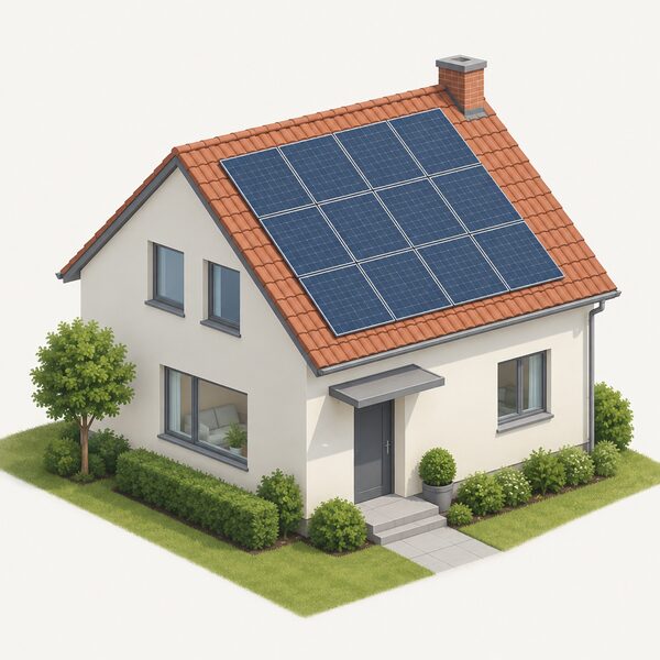 A house with solar panels mounted flush against the existing roof slope, sitting parallel to the plane of the tiles with no visible gap or projection, shown on a simple dwelling that is not on a highway-facing slope.