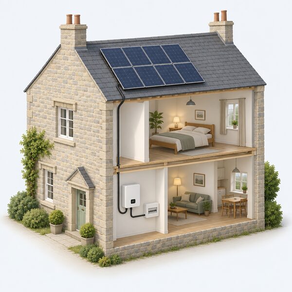 A cutaway view of a listed stone house showing solar panels on the roof slope, a cable running down inside the wall to an inverter mounted on an indoor wall, and a further connection to the consumer unit so the home draws less electricity from the grid.