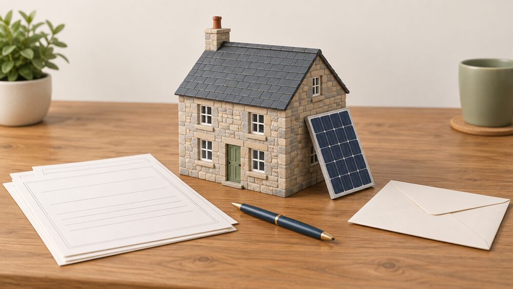 A small model of an old stone house with a pitched roof sits beside blank application forms, a sealed envelope and a pen on a wooden table, with a tiny solar panel leaning against the model's roof awaiting approval.