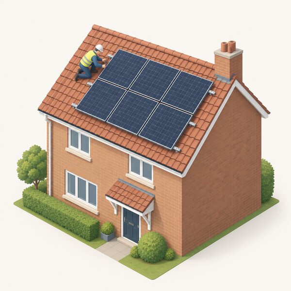 A small isometric figure of an installer fixing a solar panel on top of the existing tiles of a pitched domestic house roof, the panels mounted above the undisturbed roof covering with mounting brackets, on an ordinary UK home.