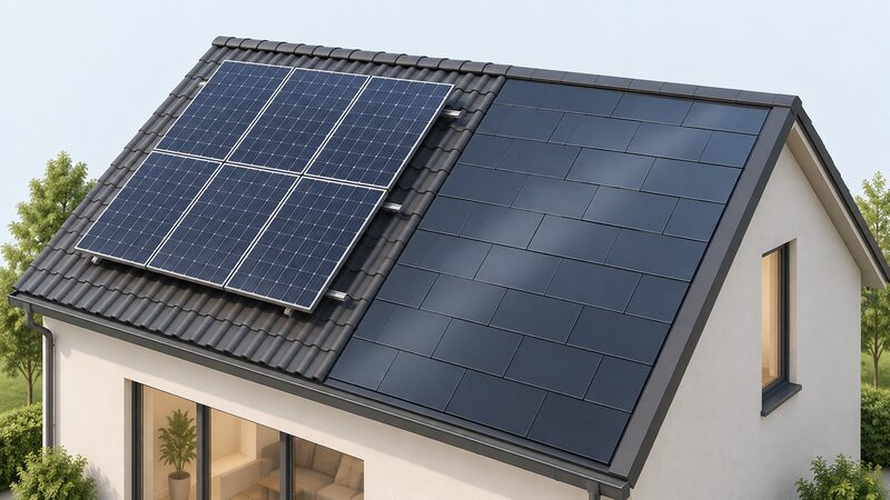 A single pitched roof shown in cutaway-style view with conventional on-roof solar panels mounted on rails above the tiles on one slope section, and flush roof-integrated solar tiles replacing the surrounding roof covering on the adjacent section, clearly showing one sitting above the roof surface and the other forming the roof surface itself.