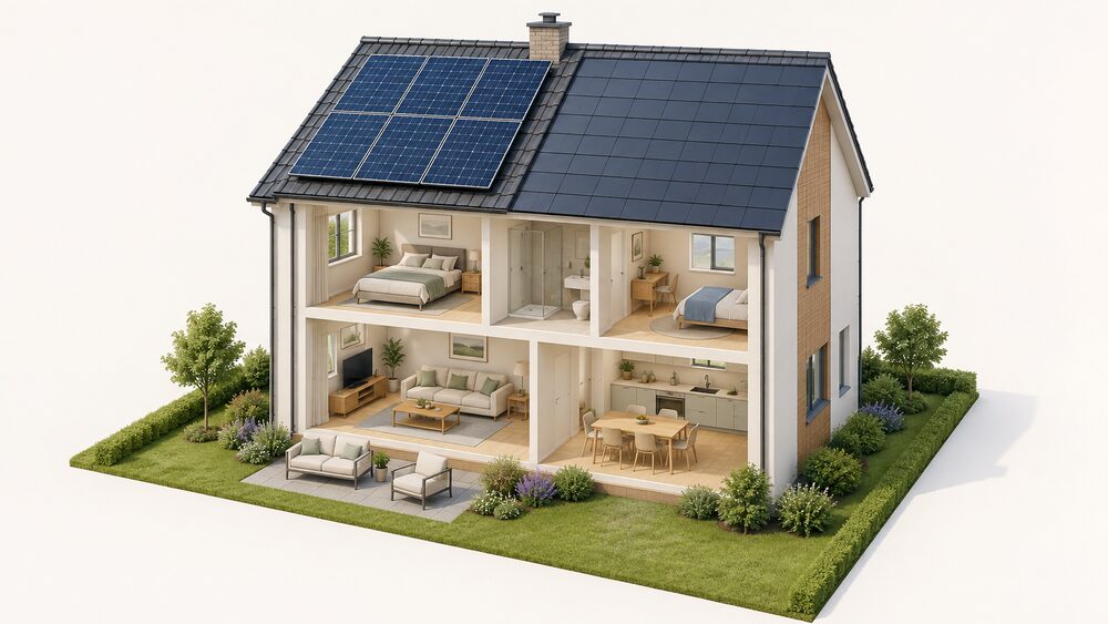 A cutaway-free house in daylight with one roof slope carrying framed solar panels mounted on top of the existing roof covering, and the adjacent slope covered in solar roof tiles that replace the tiles and blend in like a normal roof.