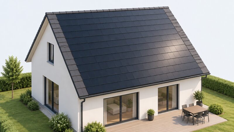 A south-facing pitched roof shown from outside, with dark solar tiles covering the slope almost to the ridge and to the eaves, while plain matching roof tiles finish the margins along the verges and edges.