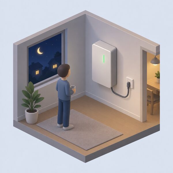 A small wall-mounted home battery unit installed indoors, connected by a cable to the household mains electricity supply, shown charging overnight with a simplified isometric figure nearby for scale.