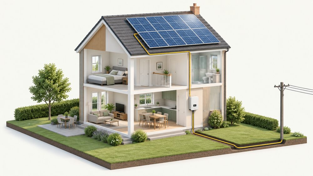 A cutaway house on a sunny day with solar panels on the roof, DC cabling running down to an inverter on an indoor wall, and a grid connection cable leaving the property, with no battery anywhere in the circuit.
