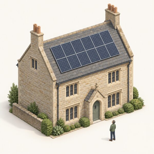 An old stone listed building with a row of solar panels fitted flush to its pitched roof, with a small isometric figure standing on the ground looking up at the array, conveying that this installation needs planning permission and listed building consent.