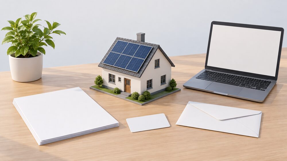 A small model house with solar panels on its pitched roof sits on a table beside blank paperwork, a blank connection card, a sealed envelope and a laptop with a blank screen, all under daylight.