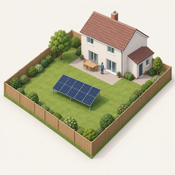 A ground-mounted stand-alone solar panel array on simple frames standing in the garden of a house, set well back from the garden boundary fence, with the house and boundary visible to show its position within the grounds.