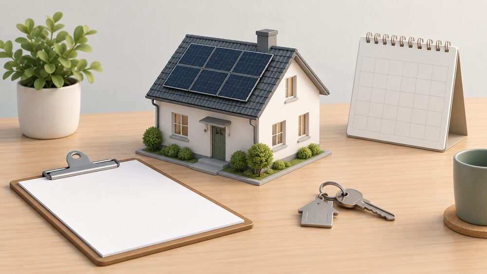 A small model of a house with dark solar panels on its pitched roof sits on a table beside blank paperwork on a clipboard, a plain wall calendar and a set of house keys, representing a household checking whether its roof array needs a planning application.