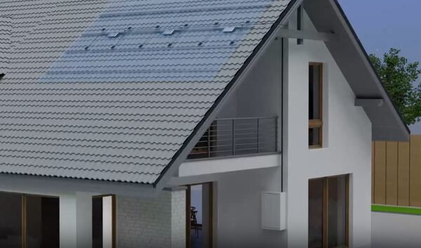 A 3D render of a house with solar panels on the tiled roof and a small white box mounted on the exterior wall