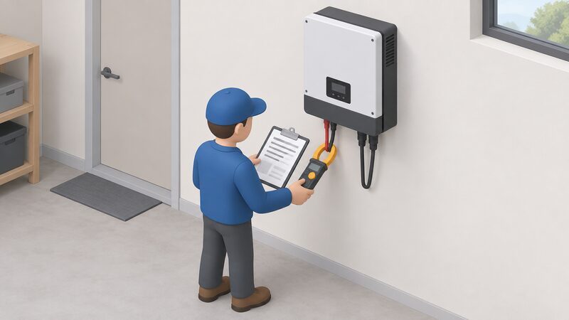 A simplified installer figure stands at a wall-mounted solar inverter indoors, holding a clamp meter around the DC cables of one string while comparing the reading against a printed expected-output sheet on a clipboard.