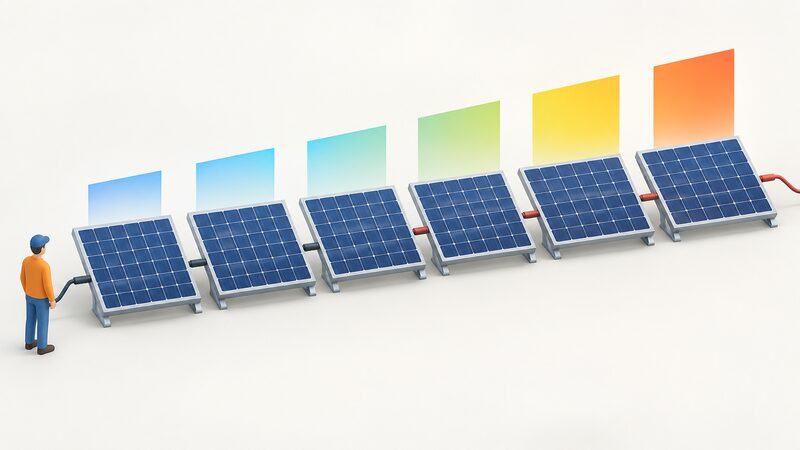 A simplified diagram of a series string of solar modules connected in a row, with a rising voltage indicated along the string so the module at the far end sits at the highest voltage relative to its frame, shown by a plain colour gradient or stepped bars with no numbers or words.
