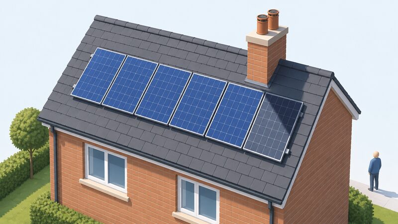 A rooftop solar array on a UK house where one module sits partly in the shadow cast by a brick chimney, with the rest of the series string in full sun, showing shading as a cause of lost output distinct from PID.