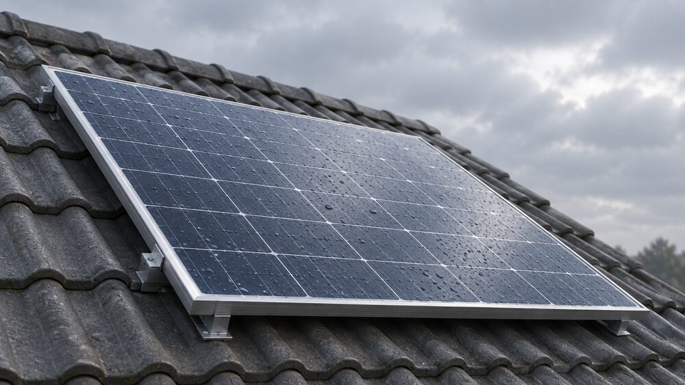 A single rooftop solar panel seen close up on a damp, overcast day, its glass surface beaded with morning moisture, with the roof tiles and a glimpse of grey sky around it and no other equipment in view.