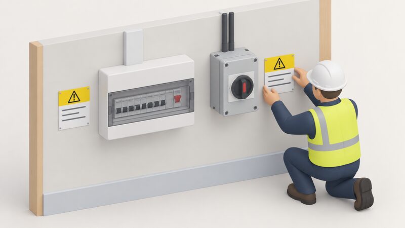 A wall inside a home showing a consumer unit and, beside it, a weatherproof DC isolator switch enclosure, each with a plain warning label fixed next to it, while a small isometric installer figure fixes one label in place.