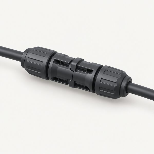 A close-up of a pair of matching DC connectors from the same product family fully mated on a solar PV cable, drawn large so the joined plug and socket bodies, their identical housings and the cable entering each side are clearly visible as the components standing between a healthy circuit and an arc.