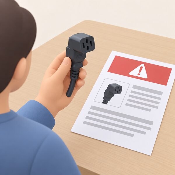 A householder's hand holding a quick connect AC plug component at eye level, a chunky moulded connector with a short cable tail and socket face, beside a printed recall notice sheet on a table so the plug can be compared against the alert.