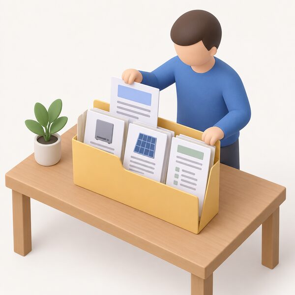 A home file folder on a table holding the MCS certificate, inverter and module datasheets and handover paperwork together, with a simplified figure placing the certificate into the folder beside the datasheets.