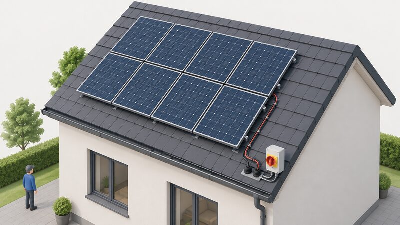 A rooftop solar PV array shown in a simplified isometric view, with the weatherproof DC isolator switch enclosure and the cable entry points visible at the near edge of the roof, where the array's DC cabling leaves the modules.