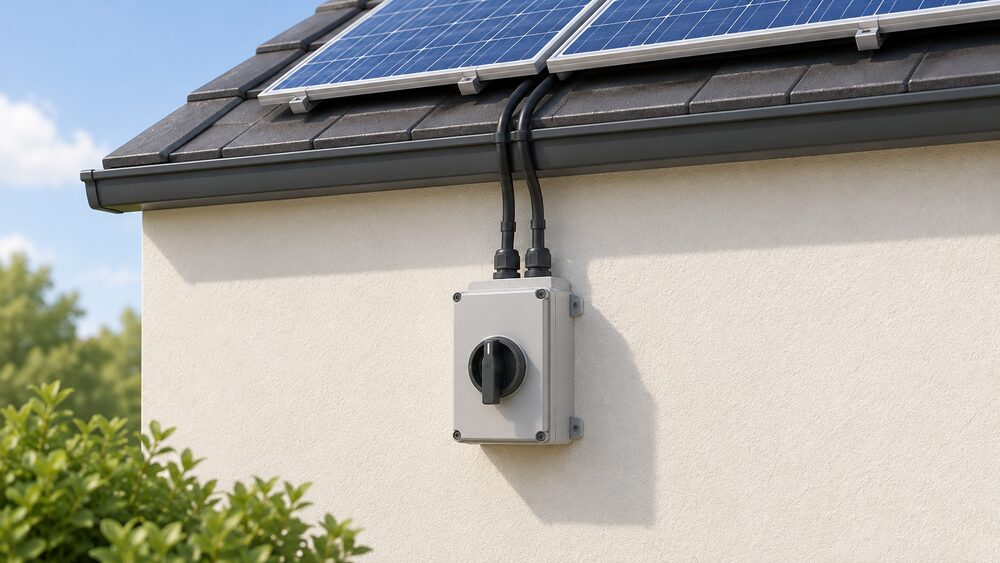 A weatherproof DC isolator switch enclosure mounted on an exterior wall close up, with its lid closed and a rotary switch handle on the front, PV cables entering through glanded conduits from above, and the edge of a roof with solar panels visible at the top of the frame.