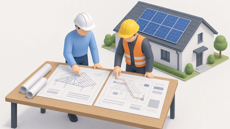 A structural engineer and an electrician stand together over a table with roof loading and cable routing drawings spread out, one pointing at a roof structure drawing and the other at a cable layout, with a house roof with solar panels visible behind them.