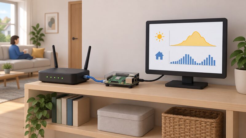 A small single-board computer on a shelf in a UK home, connected by cable to the home network router, with a screen beside it showing a local energy dashboard of plain solar generation and consumption graphs, no cloud involved.