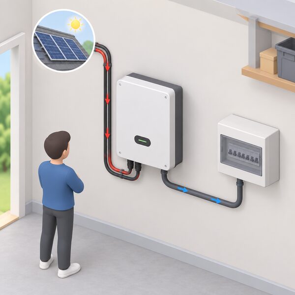 A wall-mounted solar PV string inverter indoors, with DC cables entering from the solar array side and an AC output cable running to the consumer unit, shown as a simplified isometric view of the unit on an inside wall.