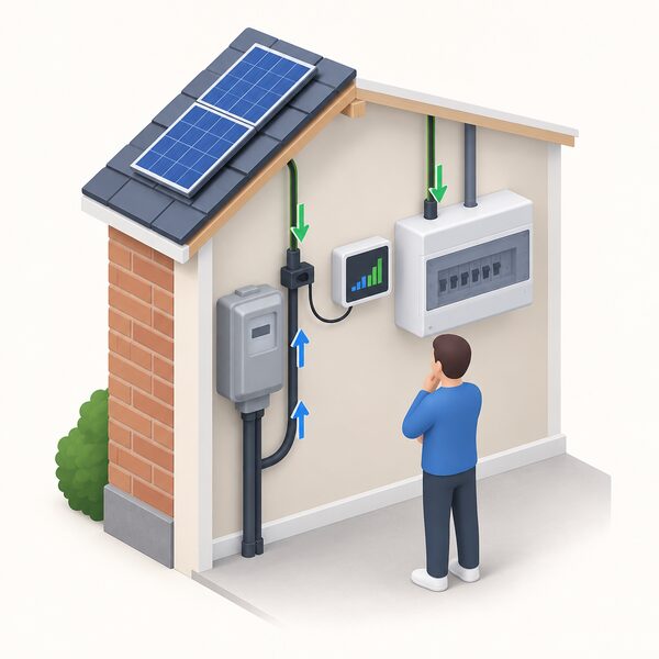 A small wall-mounted energy monitor with a current clamp fitted at the household electricity supply point, beside the incoming service head and consumer unit, with a simplified isometric figure checking it and plain arrows showing electricity flowing in one direction and solar flow into the home.