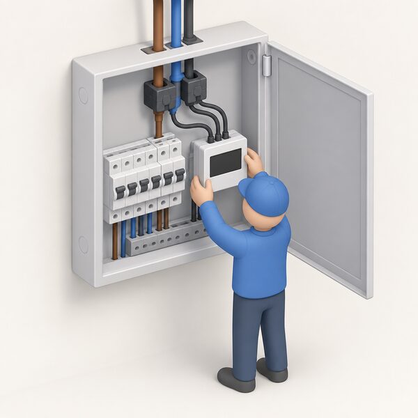 A small isometric figure fits a separate energy monitor into a household electrical panel, with current-transformer clamps around the incoming supply conductors and a cable running to the monitor, showing the whole house's electricity flow being tracked at the panel.