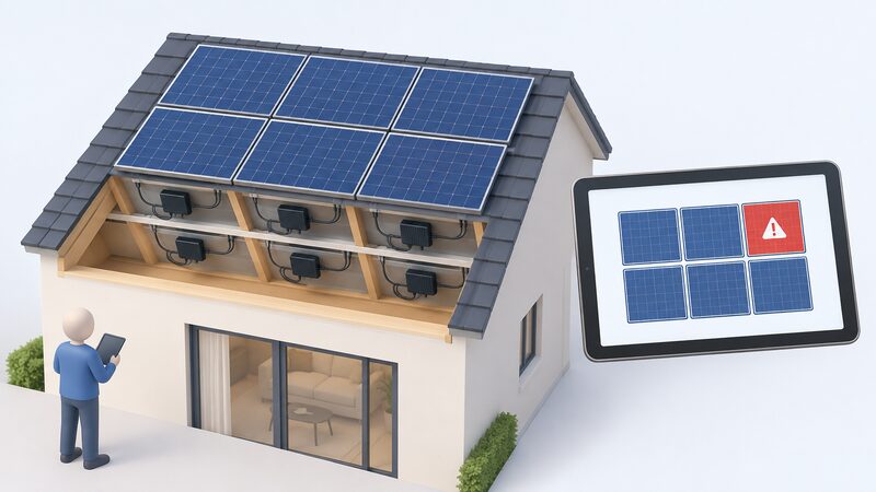 A cutaway view of a roof array with a small power optimiser mounted beneath each panel, beside a tablet screen showing a simplified virtual layout diagram whose panel blocks mirror the roof arrangement, with one block highlighted to mark a fault's position.