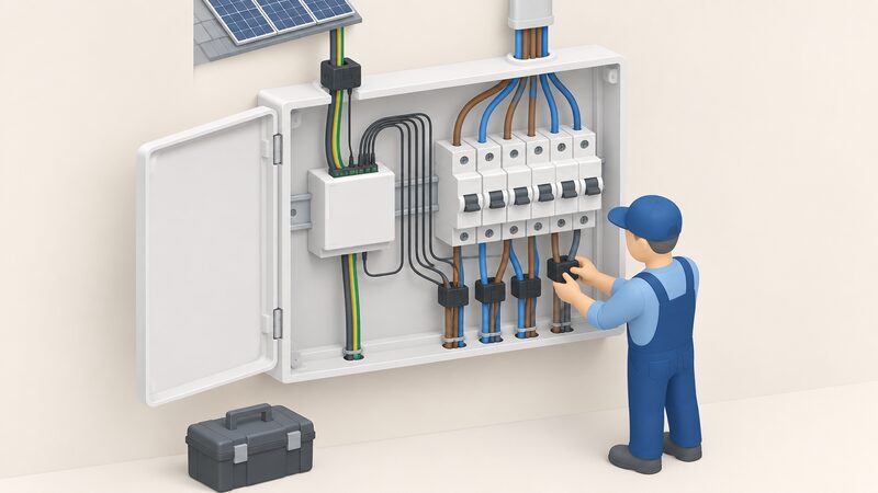 An open consumer unit with a multi-channel energy monitor module mounted inside, several small CT clamps clipped around individual outgoing circuit cables, one clamp on a cable from a solar PV supply, with a simplified isometric electrician figure fitting one clamp.