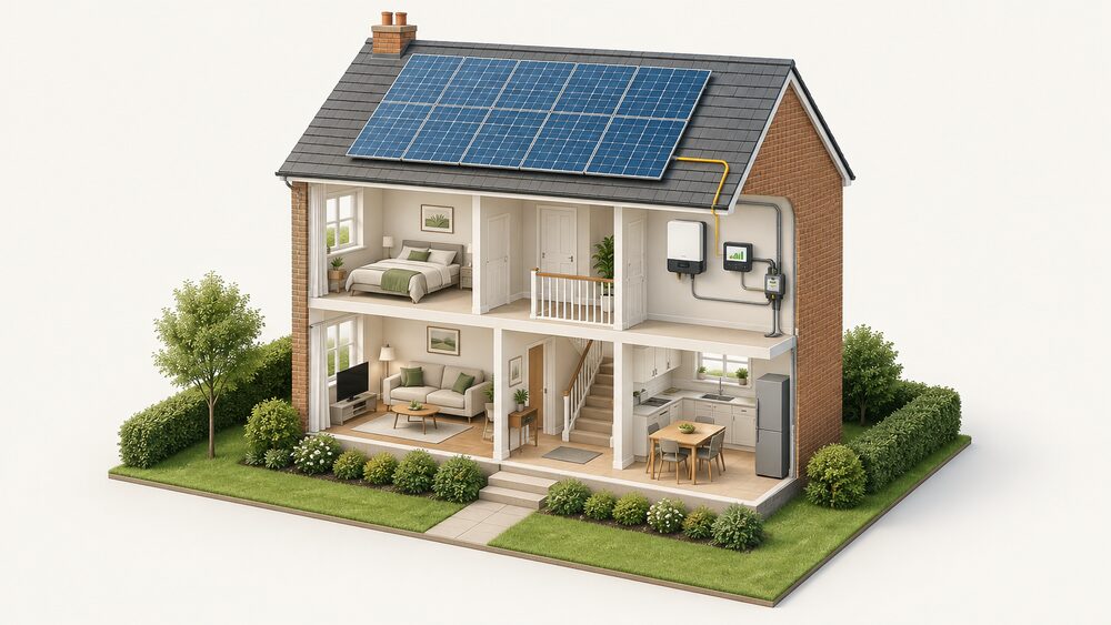 A cutaway UK house with solar panels on the roof, an inverter mounted on an indoor wall connected to the panel array, and a whole-home energy monitor with a CT clamp at the meter showing generation and consumption together.