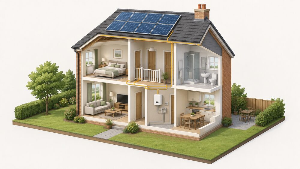 A cutaway of a typical UK house on a bright day, with solar PV panels on the roof and the wiring running down inside the building to an inverter mounted on an indoor wall, connected to the household circuits.