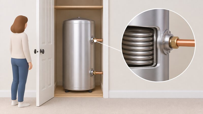 A plain stainless steel unvented hot water cylinder standing in an airing cupboard, drawn in cutaway on its side to show the solar coil connection points penetrating the shell, with the coil assembly fixed through the wall and no other equipment shown.