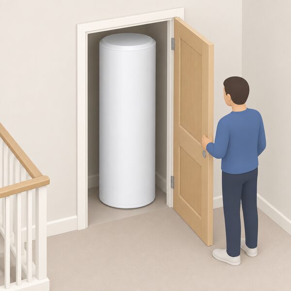 A tall white domestic solar cylinder standing inside an airing cupboard beside an open cupboard door, drawn so its constant round footprint is clearly narrower than the door opening, showing how the 570 mm diameter cylinder passes through a UK airing cupboard doorway.