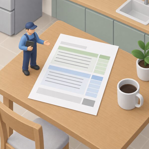 A printed quote document lying on a kitchen table beside a small isometric installer figure, its page divided into a materials block and a labour block with blank lines and plain colour bands, with a separate VAT column shown as shaded blocks only.