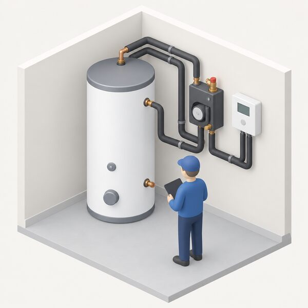 An indoor utility space with a solar thermal cylinder beside a wall-mounted pump station and controller, linked by insulated pipework, with a small isometric figure inspecting the assembly.