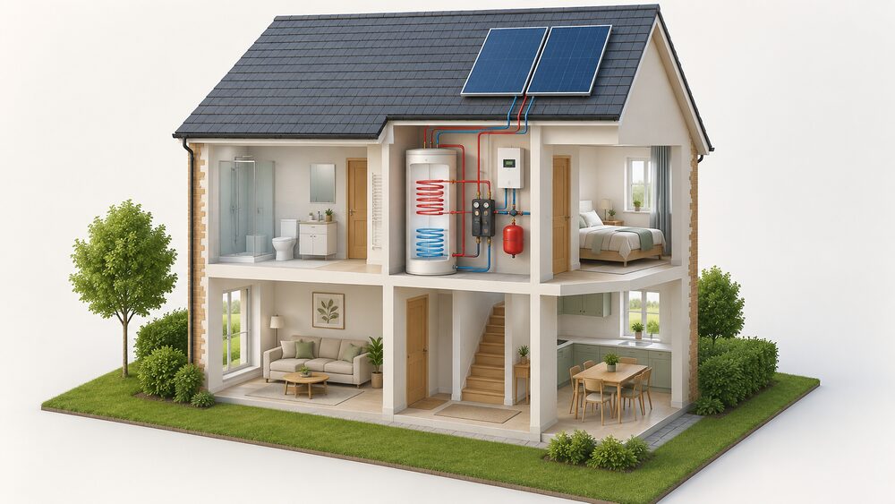 A cutaway house showing a tall twin-coil solar cylinder standing in an airing cupboard, connected by insulated pipework to a pump station, expansion vessel and wall-mounted controller nearby, with solar collector panels on the sun-facing roof slope above.
