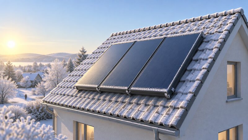 A flat plate solar thermal collector array fixed to a frost-covered pitched house roof in winter, with pale low winter sunshine on a bright cold day and frost riming the surrounding tiles.