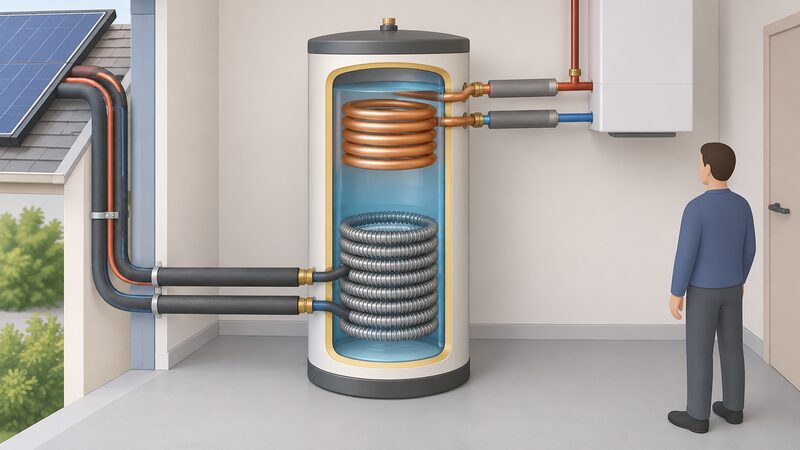 A cutaway twin coil hot water cylinder standing indoors, with a finned solar coil in the lower half connected by insulated pipes rising toward the outside and a backup coil in the upper half connected to boiler flow and return pipes, both coils clearly distinguishable.