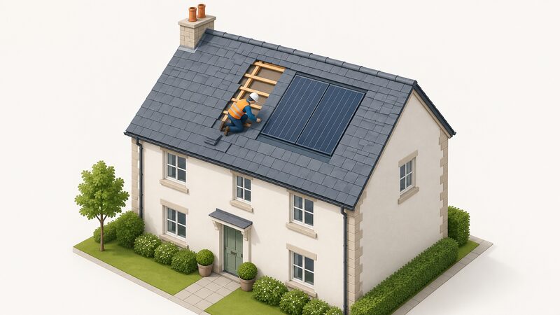 A slate-roofed house with a solar thermal collector set flush into the roof plane, its surface level with the surrounding slates, while a small isometric figure works at the opened roof section beside it during installation.