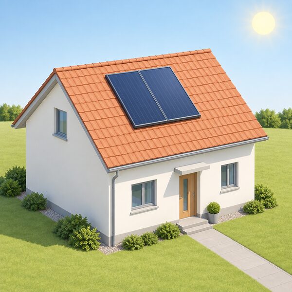 A flat panel solar hot water collector mounted on the sunlit south-facing roof slope of a simple house, with the roof and its surroundings completely free of trees, chimneys or other buildings casting shade, shown in bright daylight.