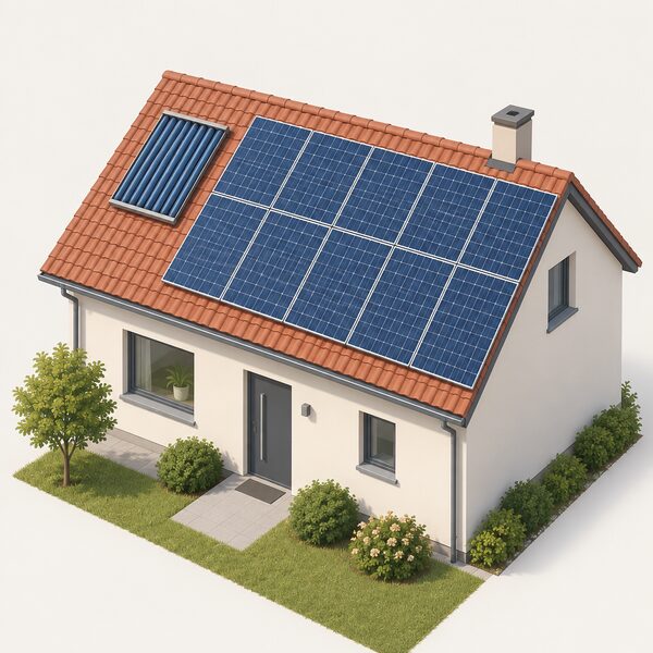 A house roof seen at an angle showing a small solar thermal collector panel of three to five square metres mounted beside a much larger array of PV panels covering most of the same roof slope.