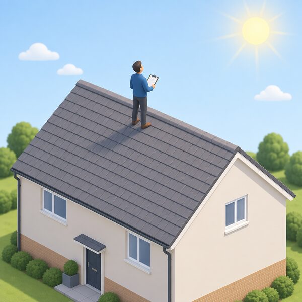 A surveyor in plain clothing stands on a pitched house roof holding a clipboard, looking up toward the sun and across the unshaded roof slope, assessing orientation, sunlight and shading before any panels are fitted.