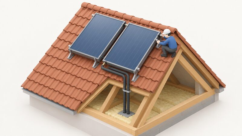 A simplified isometric view of a pitched tiled roof with two flat plate solar thermal collectors mounted on brackets above the tiles, insulated pipework from the collectors passing down through the roof into the loft space below, with a small installer figure securing one collector.